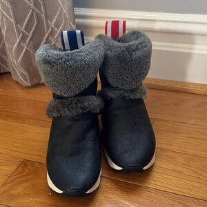 Ash Black Boots with Gray Fur and Striped Accents